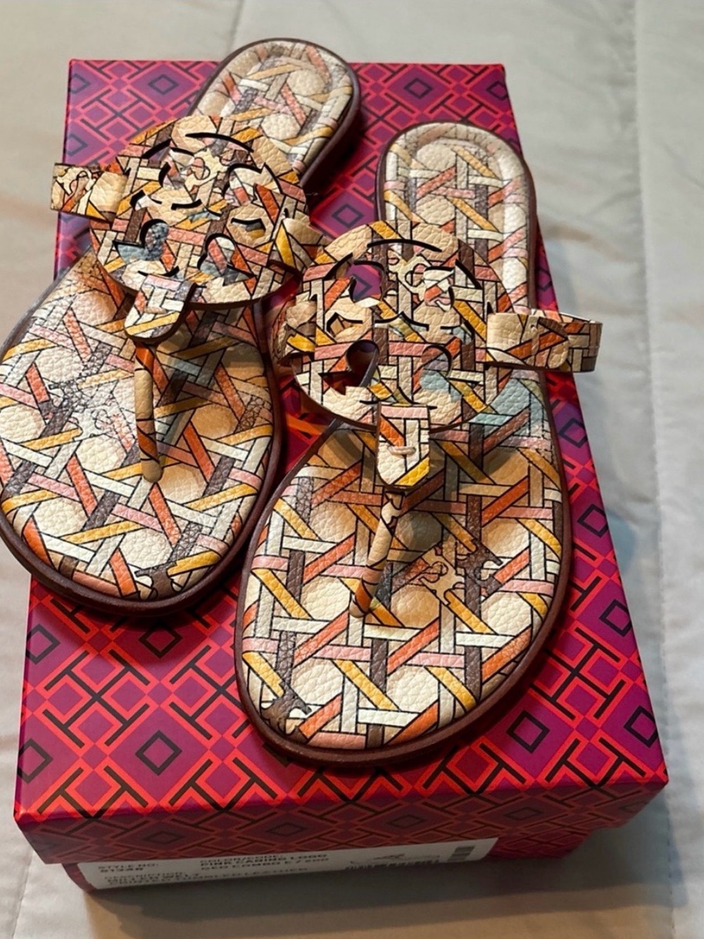 Tory Burch Multicolor Patterned Leather Thong Sandals — Pink, Cream & Yellow